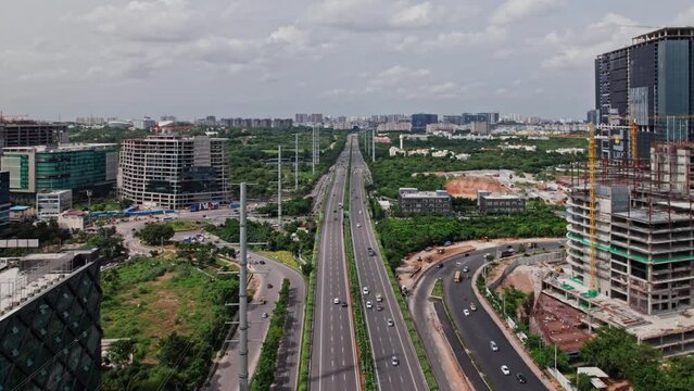 hyderabad nehru outer ring road aerial view drone shot at Financial District Circle, Nanakramguda, hyderabad, telangana.