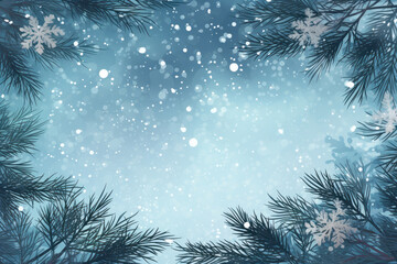 Fototapeta na wymiar Holiday design with snowy pine tree branches, pine cones, and shining snowflakes. Perfect for festive cards and seasonal patterns. This description is AI Generative.
