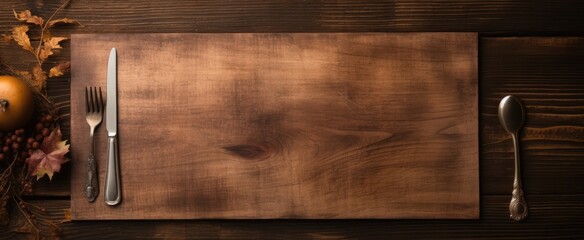 Thanksgiving table setting and menu with fork and knife on wooden table.