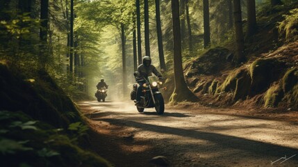 Bike rider is riding on a winding road in the forest. - obrazy, fototapety, plakaty