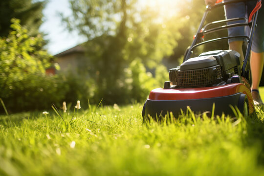 A woman in workwear and safety gear mowing a sunny yard with a gasoline lawnmower. Homeowner's outdoor exercise and maintenance. This description is AI Generative.