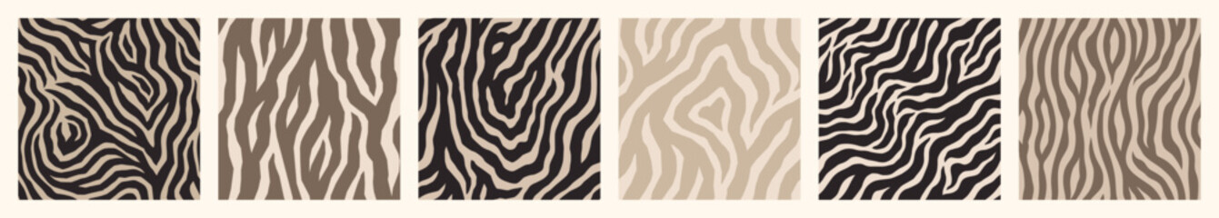 Abstract Zebra Seamless Patterns Set in Trendy Neutral Beige Colors. Vector Minimal Tiger Stripes