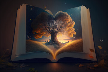 Fairy Tale Book. Magic book. Open Book with Autumn tree and golden fallen leaves