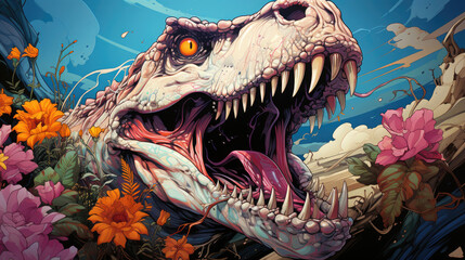 Dinosaur Is A Painting With Big Eyes And Teeth, Background Image, Hd - obrazy, fototapety, plakaty