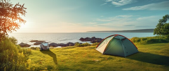 Camping tent and camping equipment on green grass with sea view background