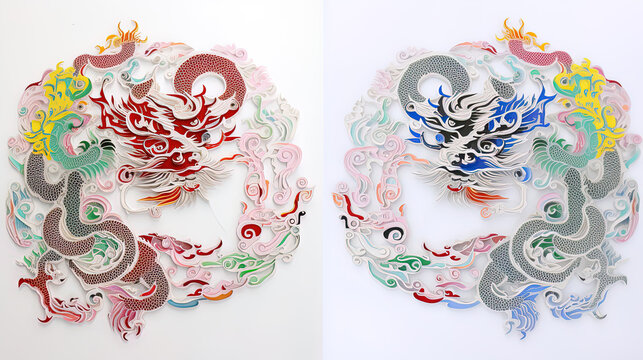 Hand-cut paper-cut Chinese dragon shape, traditional Chinese door god shape, Lunar New Year of the Dragon
