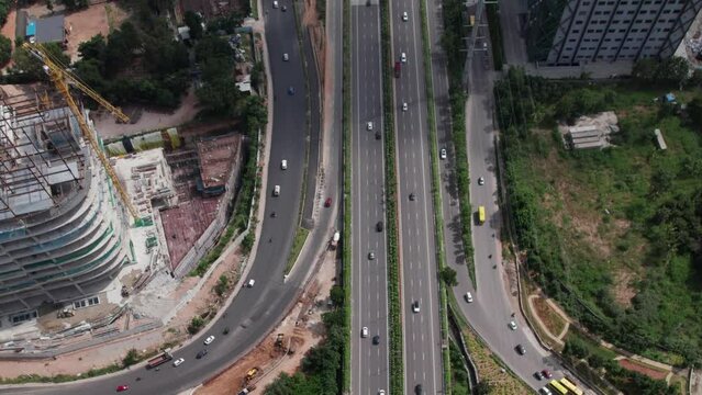 hyderabad nehru outer ring road aerial view drone shot at Financial District Circle, Nanakramguda, hyderabad, telangana.