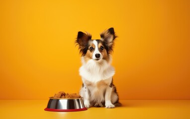 Dog sitting in front of bowl with a pet's food