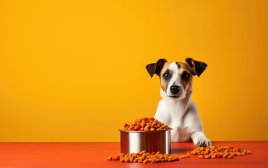 Dog sitting in front of bowl with a pet's food