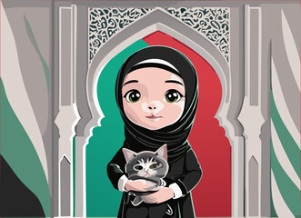 A girl with cat in front of mosque.