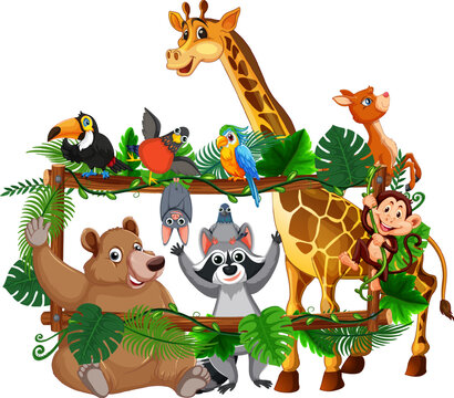 Zoo Animals on Wooden Frame with Tropical Plants