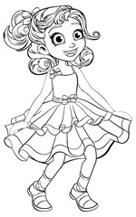 Happy Girl Dancing Cartoon Character Outline for Coloring Pages