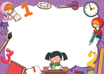 Fototapeta premium Children Learning in Purple Doodle Frame