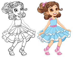 Happy Girl Dancing Cartoon Character and Outline for Coloring Pages