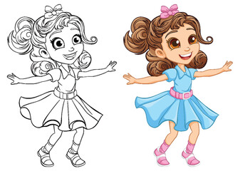 Happy Girl Dancing Cartoon Character and Outline for Coloring Pages