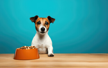 Dog sitting in front of bowl with a pet's food