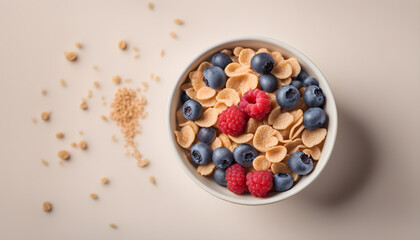 A bowl of cereals with blueberries and raspberries with milk on a white background.