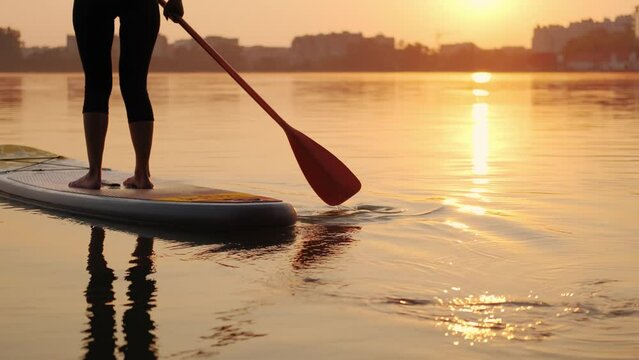 Sunset, Close up view of Woman Silhouette on lake Stand Up Paddle Board SUP, Slow Motion futage