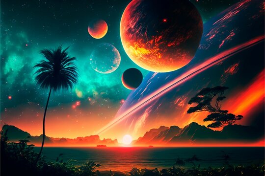 AI generated illustration of a fantasy landscape with sea, planets and trees