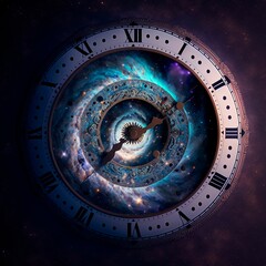 AI generated illustration of a galaxy in the middle of a clock - obrazy, fototapety, plakaty