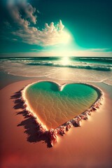 Fototapeta premium AI-generated illustration of a heart shape on the sandy beach at sunset.