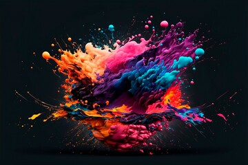 AI generated illustration of an explosion of bright colorful paints against black background
