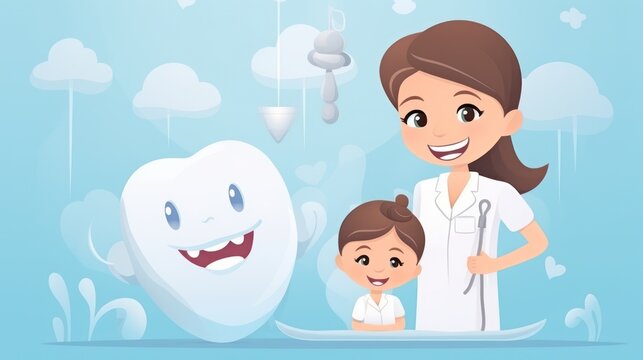 Cute smiling girl and dentist for checkup and treatment of teeth at clinic. illustrator