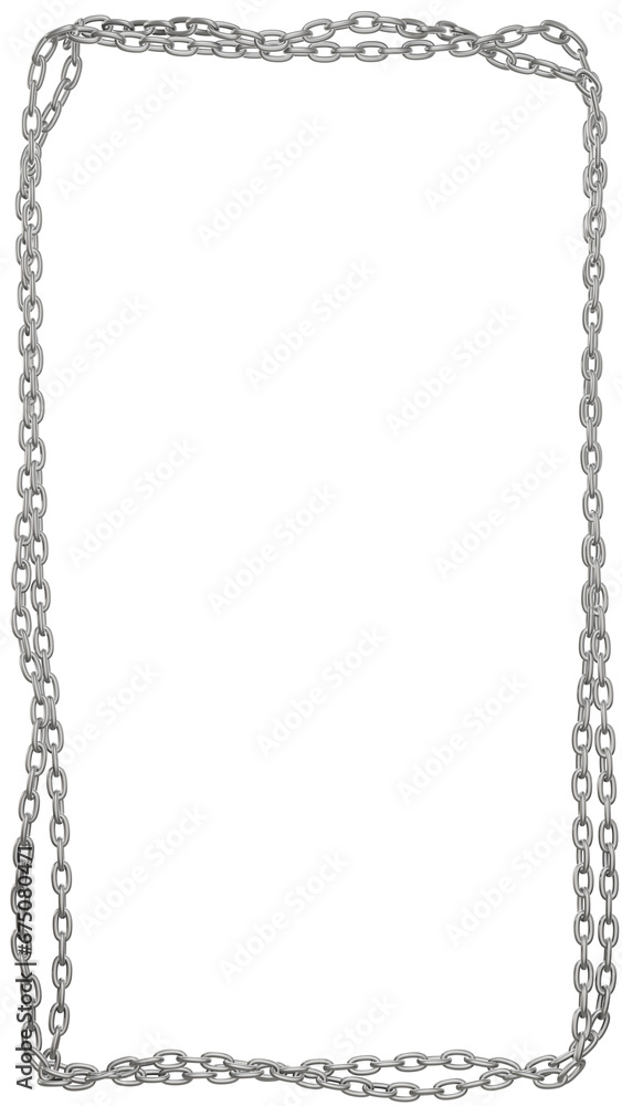 Poster 3d rendering of a rectangular frame made from a double line of metal chains, png format, transparent