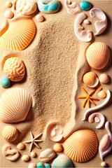 Fototapeta na wymiar AI-generated illustration of a frame of seashells and starfish on sand with a space for text