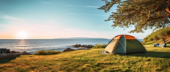 Camping on the beach at sunset. view of a camping tent on a summer evening.