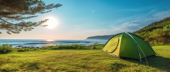 Camping on the beach at sunset. view of a camping tent on a summer evening.