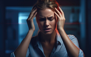 A woman has a headache at work