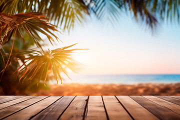 Abstract summer scene: a wooden table by the sea with blurred palm leaves and bokeh lights, creating a tranquil and atmospheric landscape. right image. 