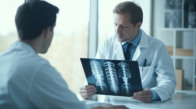 Male Doctor discuss with patient for x-ray film at doctor's office, hospital, Doctor discuss with patient for x-ray film