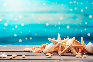 Fototapeta na wymiar Coastal concept with seashells and starfish arranged on a blue wooden background, capturing the essence of a beach scene. 