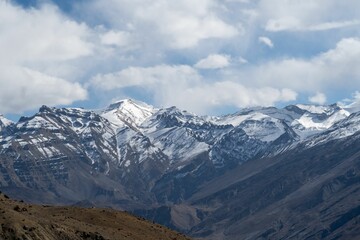 Stunning landscape of the Spiti Valley in the Himalayan Mountains, featuring a rocky terrain