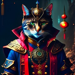 AI-generated 3d rendering of a green-eyed cat dressed as a wizard