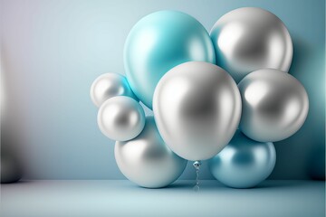 AI generated illustration of blue and white balloons against a wall