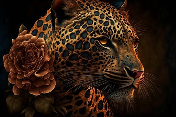 AI generated illustration of a stunning Leopard with a rose