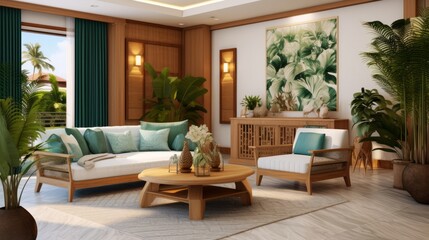 Fototapeta premium modern tropical living room natural texture material color scheme design concept cosy comfort vibrant interior home resort or vacation home house beautiful background concept