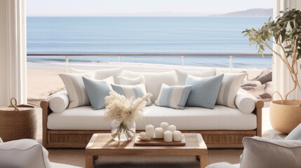 Obraz premium cosy comfort resort vacation home living room interior design element beautiful living room white bright color scheme decorate with natural material and tree pot nature garden view contemporary room