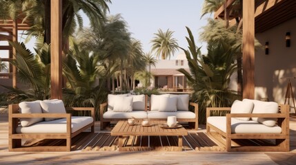 Obraz premium modern tropical living room natural texture material color scheme design concept cosy comfort vibrant interior home resort or vacation home house beautiful background concept