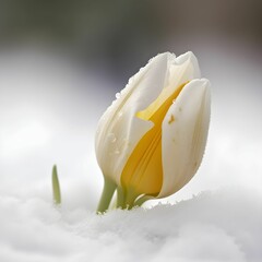 AI generated illustration of a solitary white flower in the snow, surrounded by a winter landscape