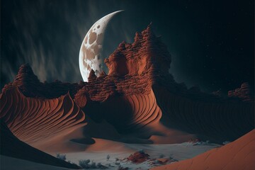 AI generated illustration of the dunes with a fantastic planet in the background