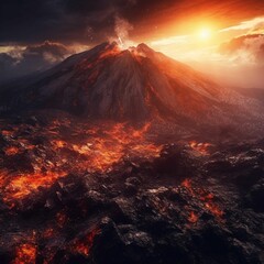 Erupting volcano, its orange lava and smoke filling the rocky valley. AI-generated.