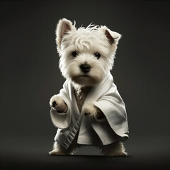 AI generated illustration of a cute West Highland White Terrier in a karate gis