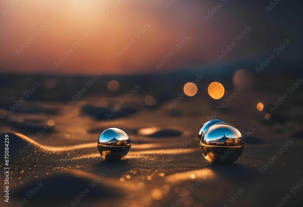 Wall mural two glass balls sitting on top of a beach at sunset