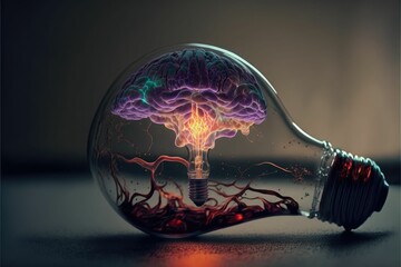 AI generated illustration of a light bulb with human brain inside