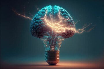 AI generated illustration of a light bulb with human brain inside