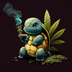 AI generated illustration of Squirtle with green leaves on its back smoking